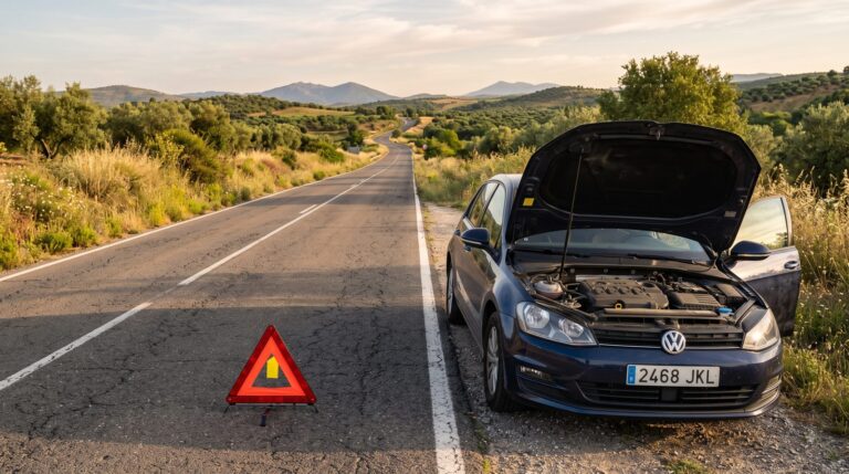 Coche averiado en carretera con triángulo de emergencia: cómo reclamar a la OCU por un coche defectuoso