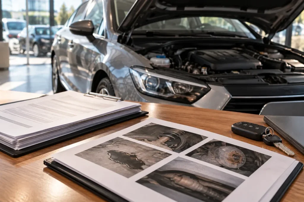 Informe pericial con fotos de las averías de un coche junto al contrato y las llaves para reclamar por arbitraje de consumo