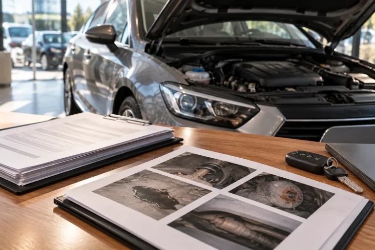 Informe pericial con fotos de las averías de un coche junto al contrato y las llaves para reclamar por arbitraje de consumo