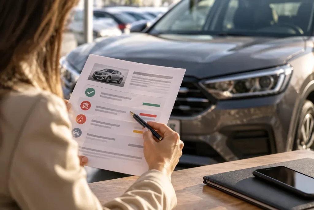 Informe de un vehiculo con indicador verde y rojo para comprobar si un coche tiene cargas antes de comprarlo