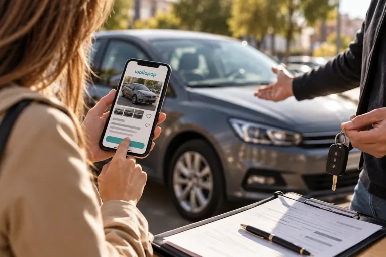 Comprador viendo un anuncio de coche en Wallapop mientras el vendedor le entrega las llaves junto al contrato de compraventa