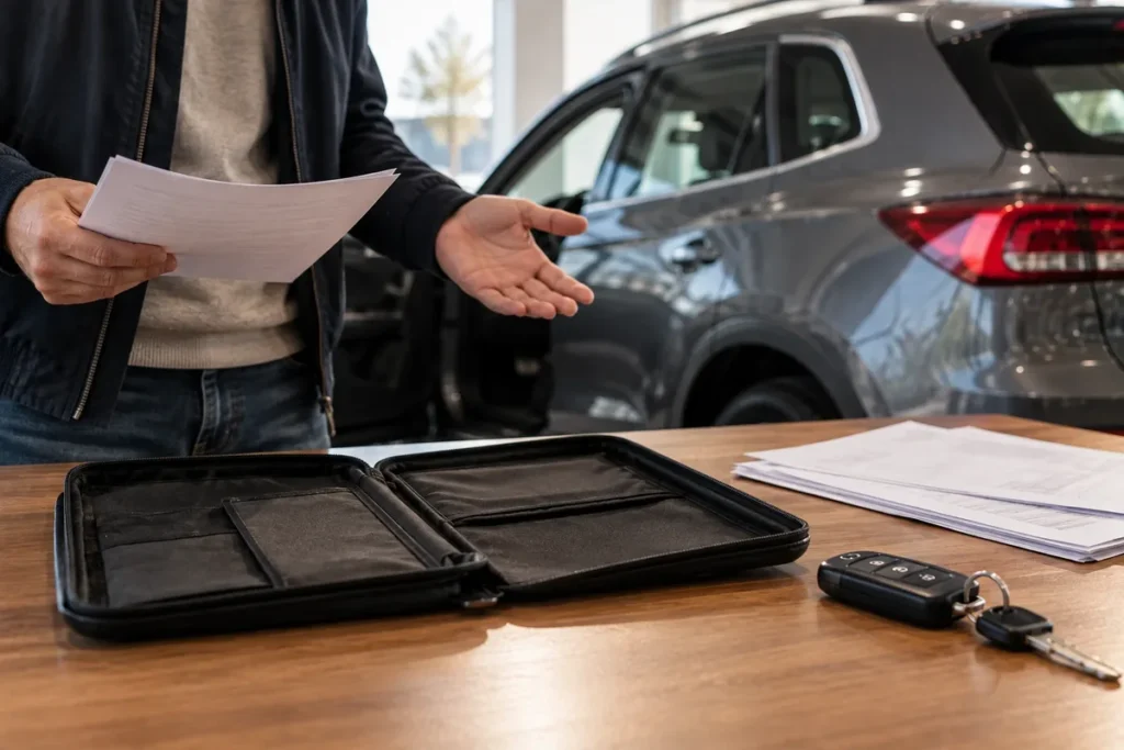 Comprador revisando papeles junto a una carpeta de documentación vacía y las llaves del coche en un concesionario