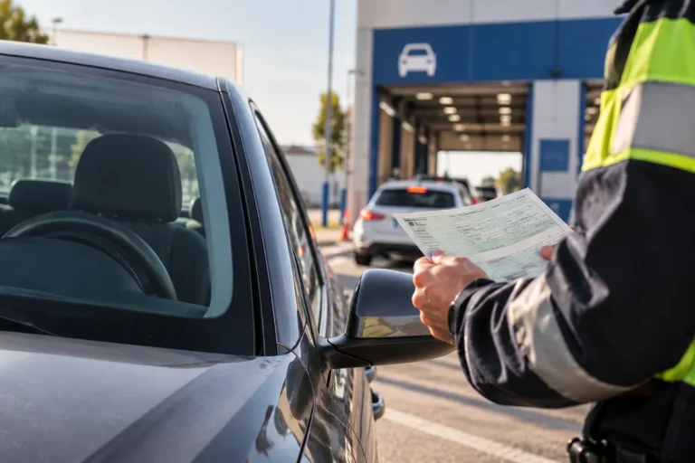 Vehiculo en una estacion de ITV mientras un agente revisa la documentacion del coche sin ITV en vigor