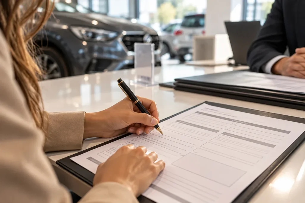Persona rellenando una hoja de reclamaciones a un concesionario de coches en el propio establecimiento