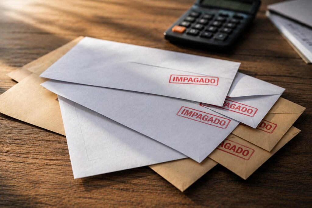 Sobres marcados como impagado y calculadora por el impago de cuotas de un coche financiado