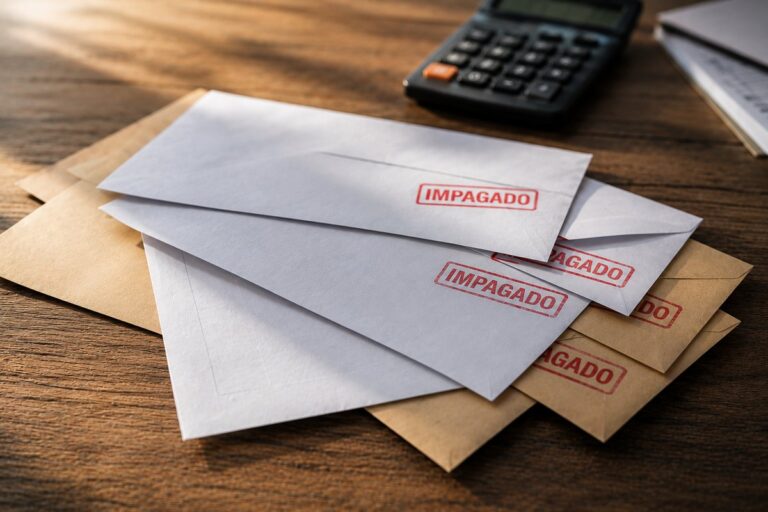 Sobres marcados como impagado y calculadora por el impago de cuotas de un coche financiado
