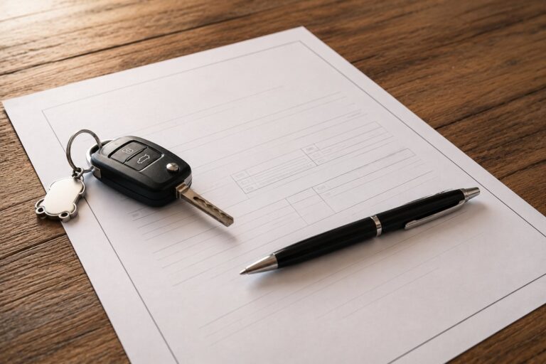 Llave y contrato de compraventa de un coche con cargas sobre un escritorio
